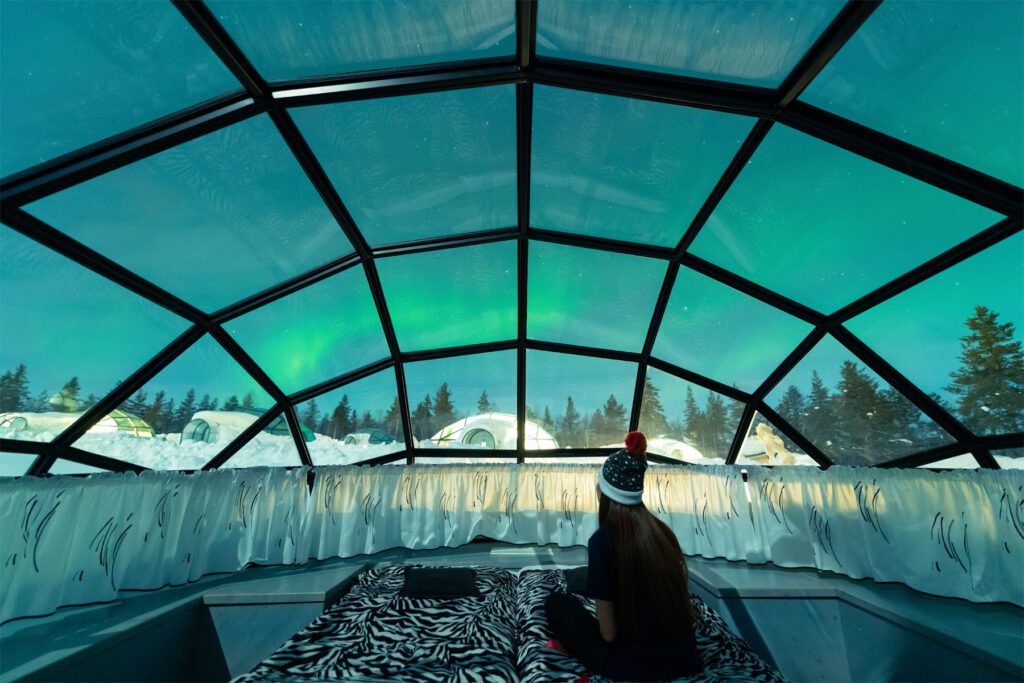 Person sitting on a bed looking out at the northern lights from a glass igloo