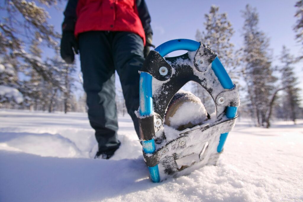 A woman snow shoeing in the Urho Kehkkosen National Park near Saariselka,
