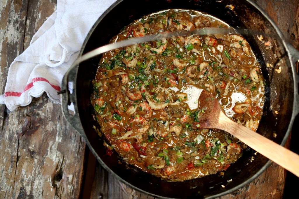 crawfish étouffée on the counter ready to be served.