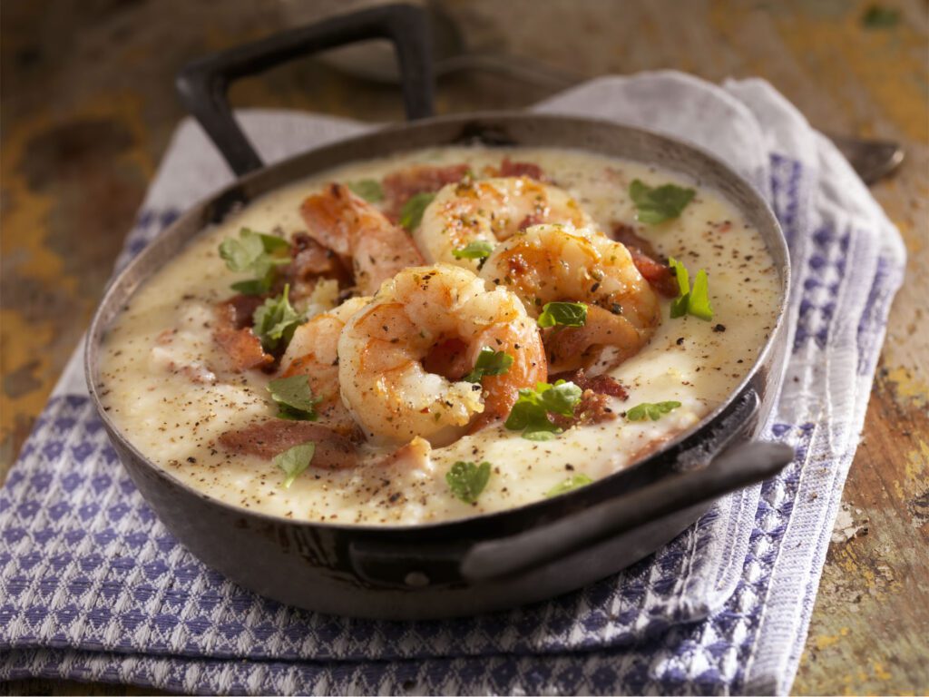 Creamy Grits with Shrimp, Bacon and Fresh Parsley