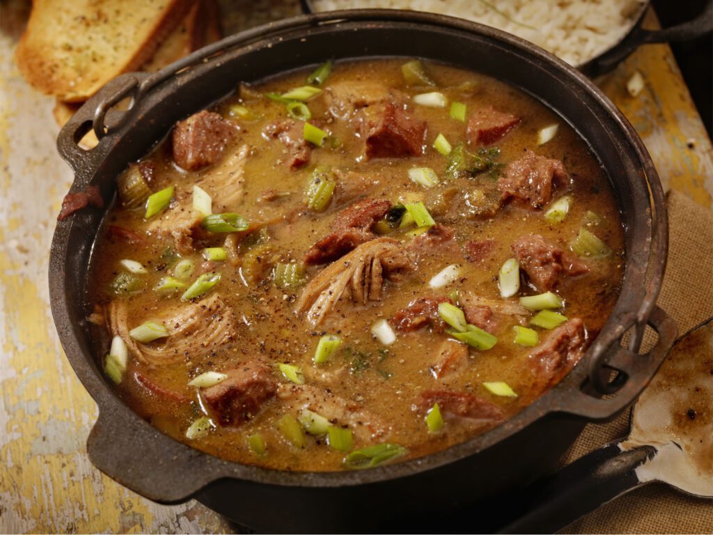 Creole Style Chicken and Sausage Gumbo with white rice and French bread