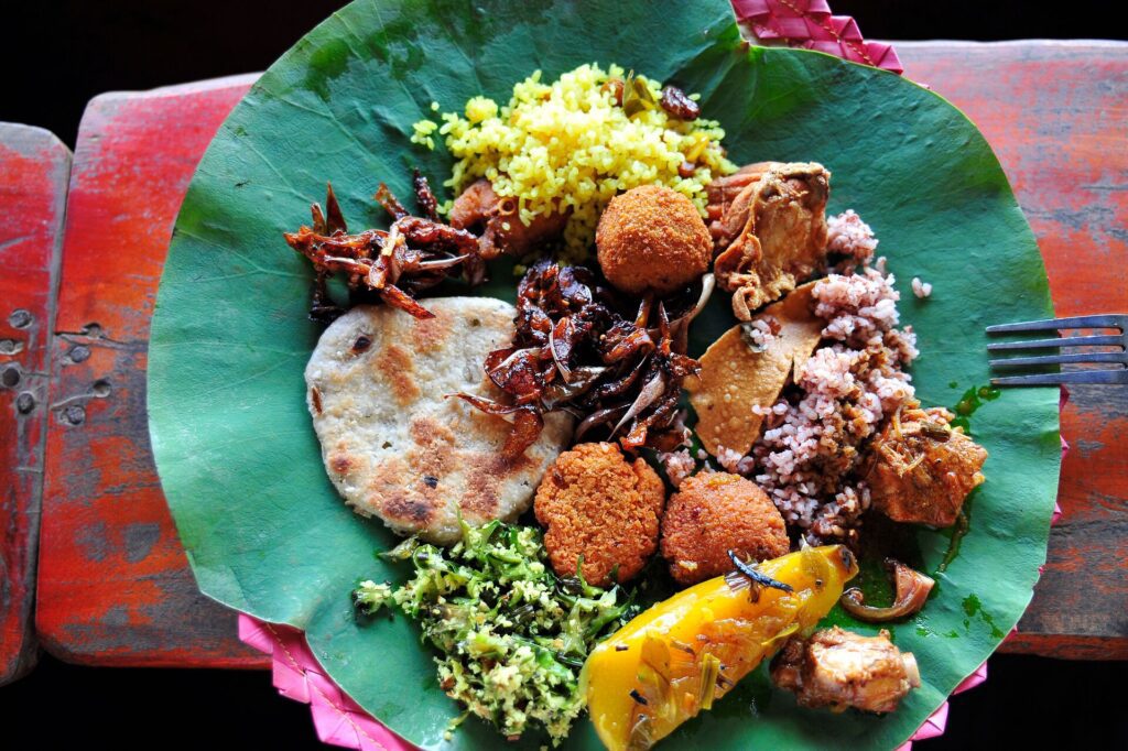Vegetarian Food spread on banana leaves
