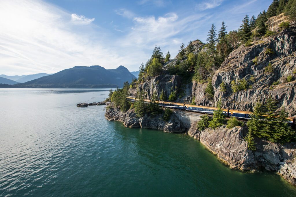 Rocky Mountaineer travelling along the Sea-to-Sky Corridor on the Rainforest to Gold Rush route.