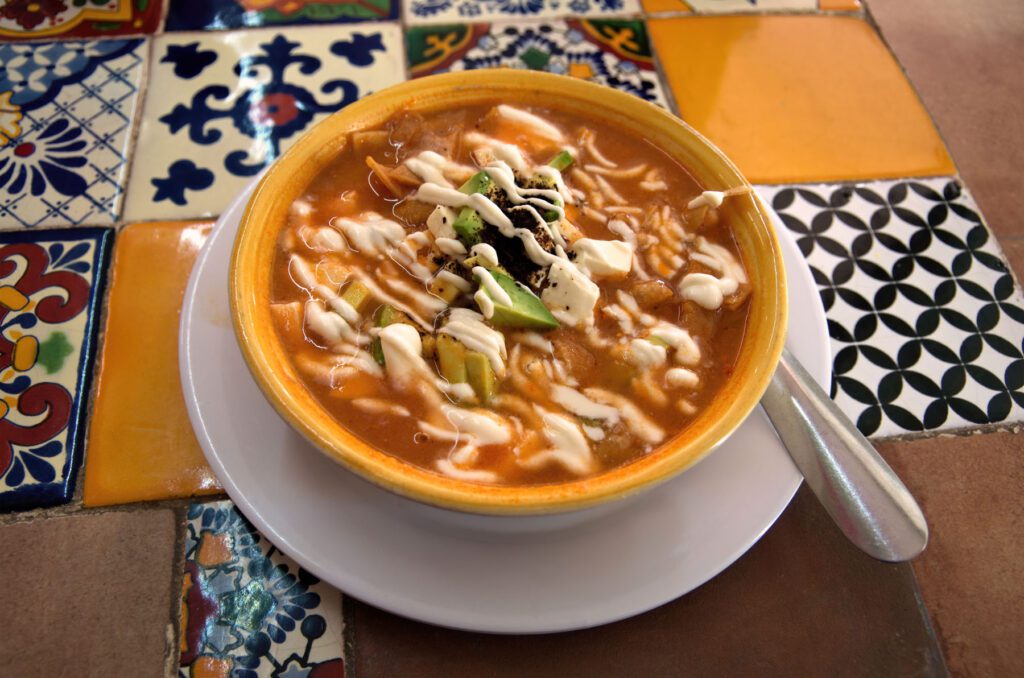 Homemade tortilla soup /sopa Azteca in a white bowl on a tiled table top