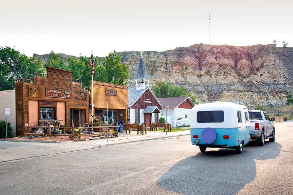 Downtown Medora features unique western structures in a beautiful badlands setting.