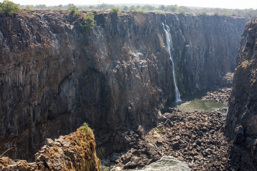 Victoria Falls during the dry season, when the Zambian side dries up.