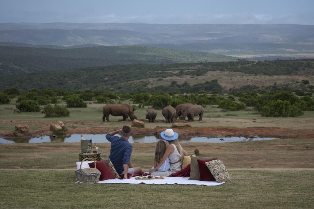 Founders Lodge by Mantis - Family having a picnic while watching rhinos across the water