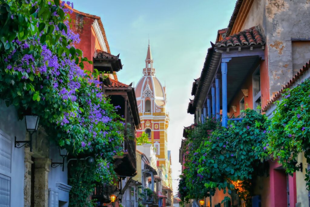 buuilding peaking through a street with bright colours and plants