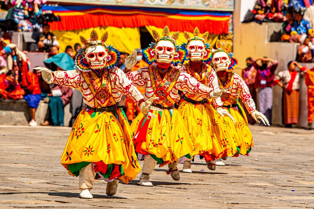 Thimphu Festival dancers with colourful costumes and masks