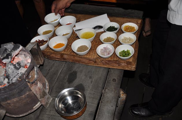 Local garden ingredients being used in the cooking demonstration at Banjaar Tola