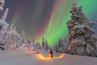 Person dressed as santa looking at the northern lights