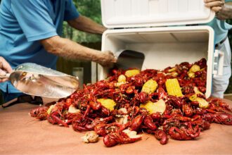 Cropped view of senior men setting up a backyard feast taking crawfish, corn, and potatoes out of a cold box on a table for an outdoor gathering
