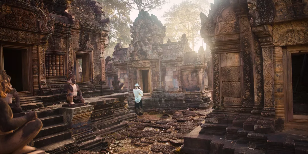 Cambodia Angkor Wat Complex Person Wearing White In The Centre