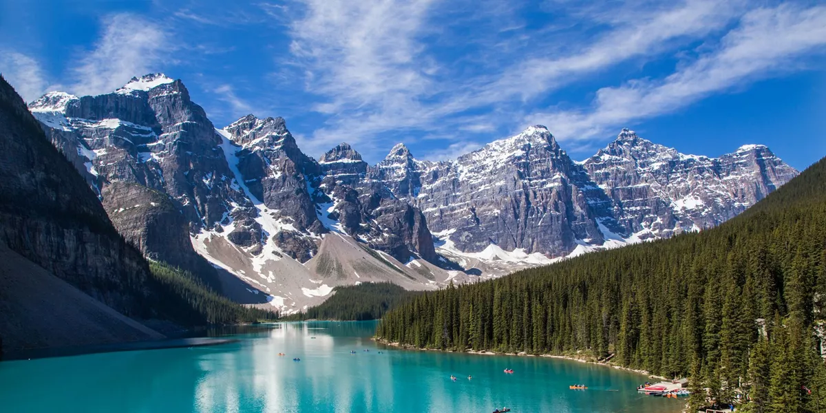 Blue lake with mountains and forest