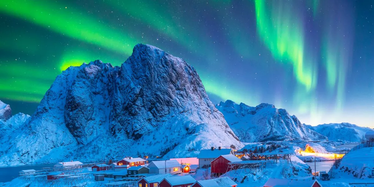 Lofoten Islands Northern Lights With Festhelltinden Peak And Hamnoy