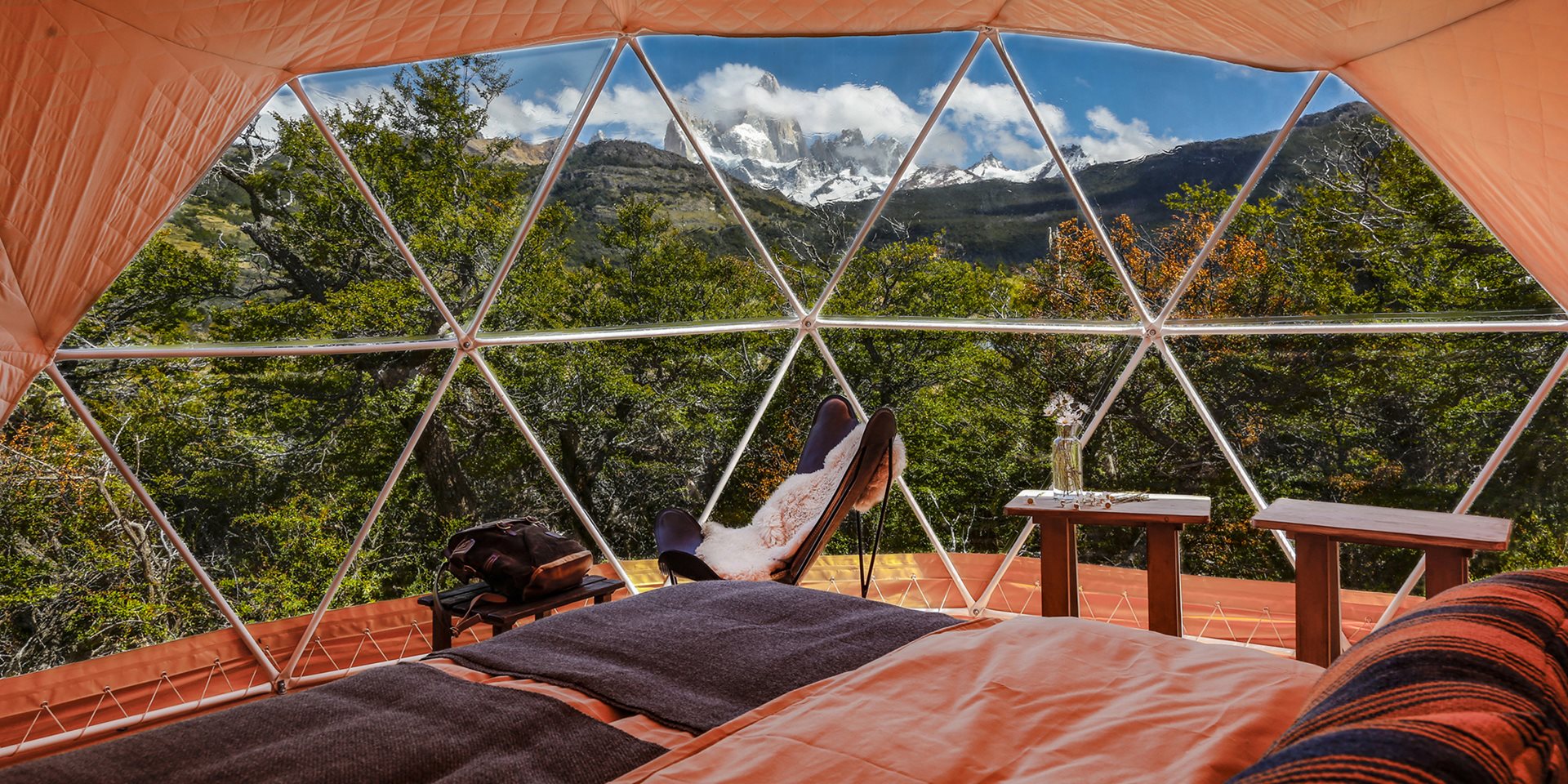 A person laying in a bed inside of a transparent tent pod, in the middle of the jungle 
