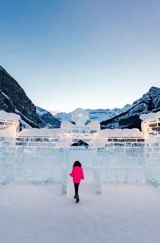 Ice castle sculpture on a frozen lake