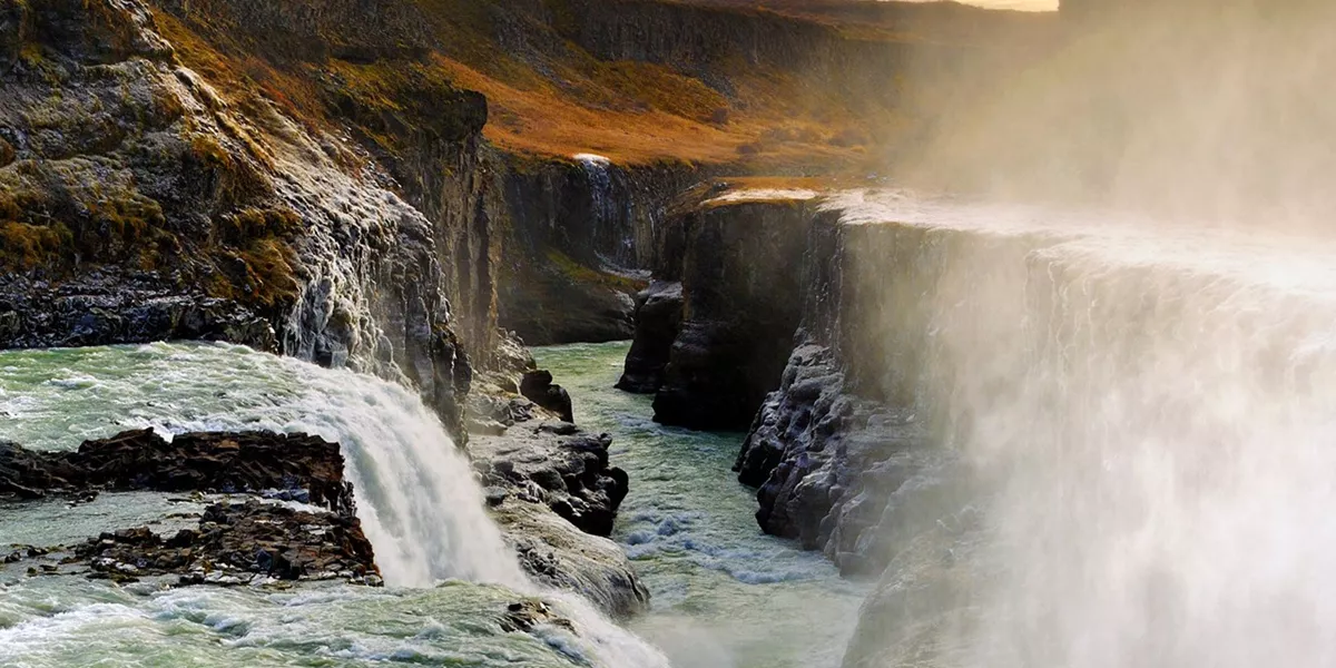 Gullfoss Waterfall At Sunset, Frost On Cliffs Gettyimages 584424621