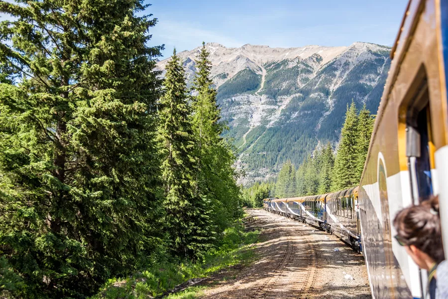 person popping head out on Rocky Mountaineer Train Traveling Through The Rocky Mountains