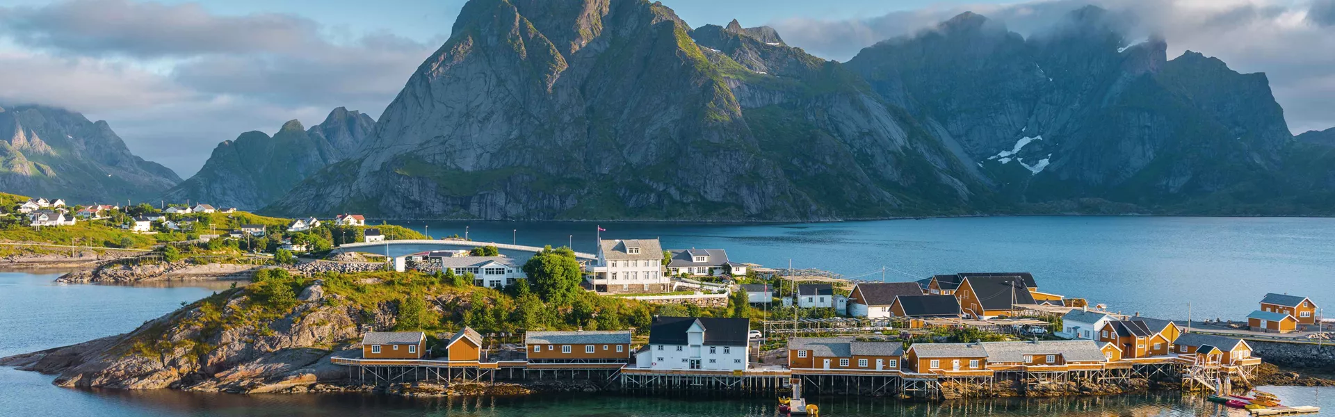 An aerial view of a small town on Lofoten Islands in Norway