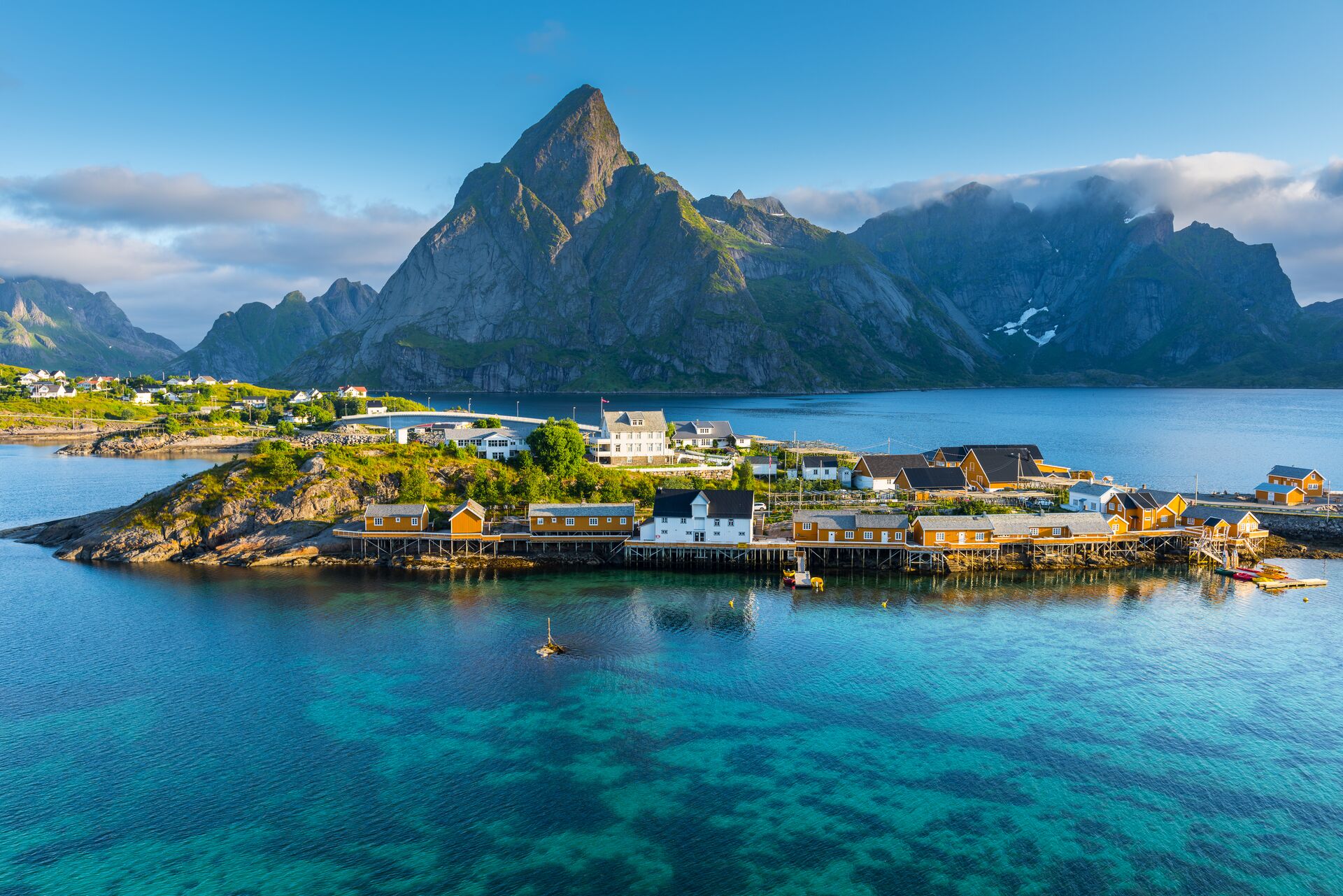 An island township surrounded by water with a mountain in the background