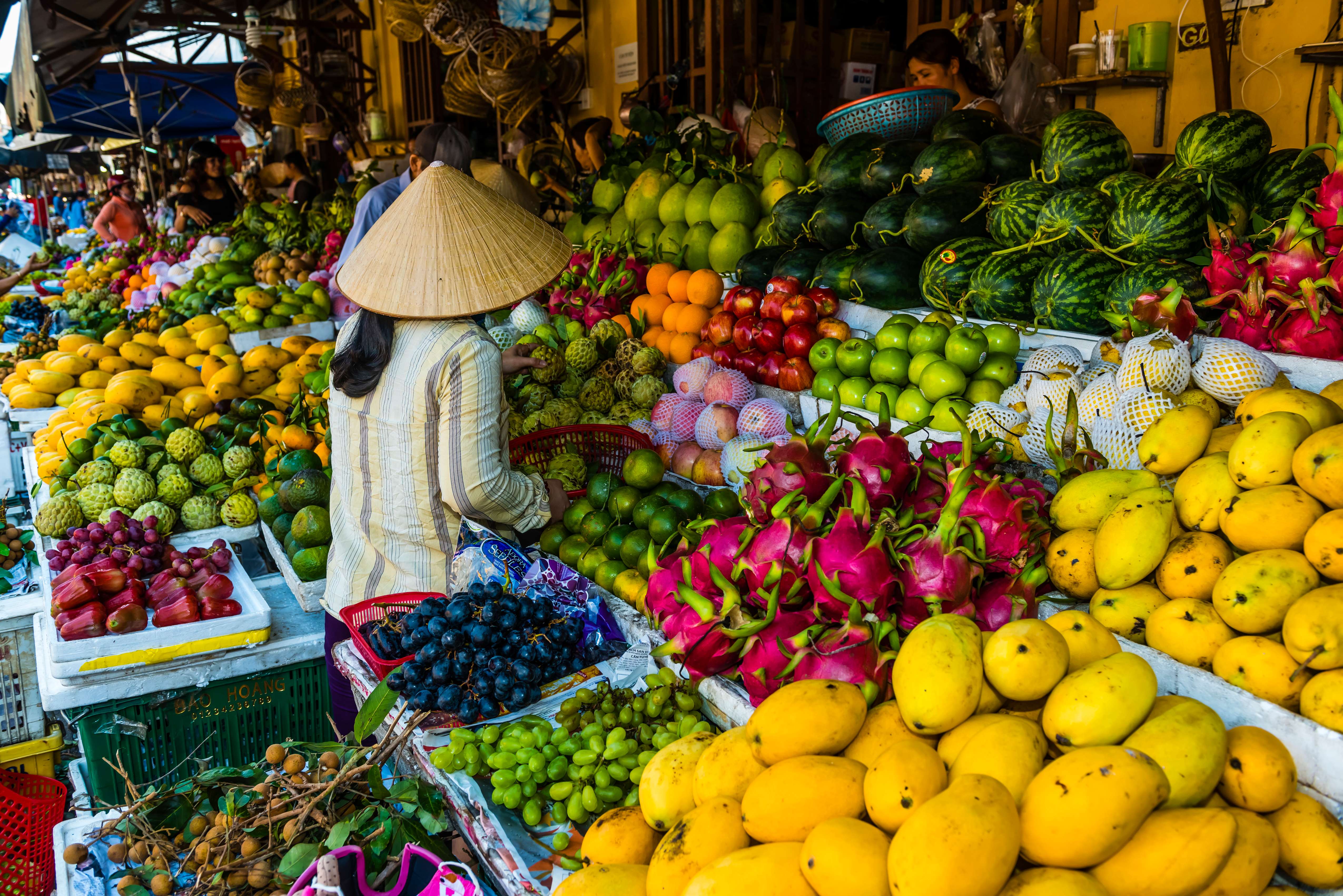 A person standing in front of a display of fruits and vegetables