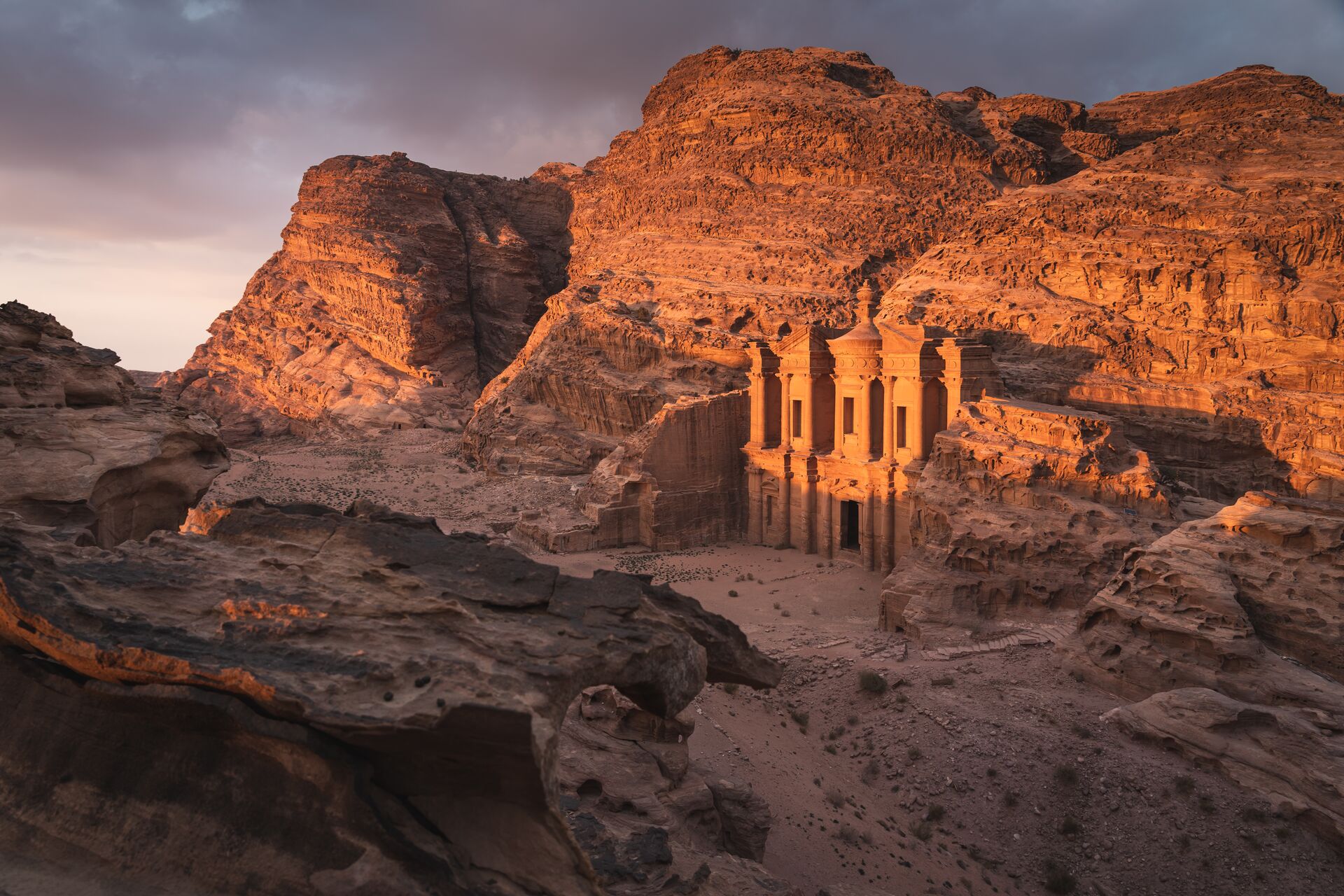The Monastery Or Ad Deir At Beautiful Sunset In Petra Ruin And Ancient City