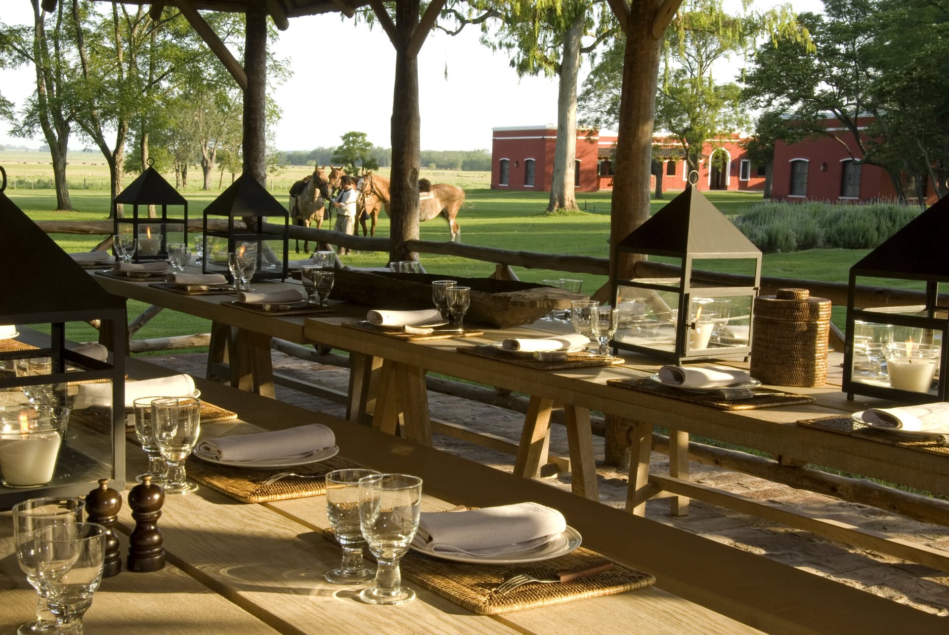 A wooden table topped with plates and glasses looking on at horses in the garden
