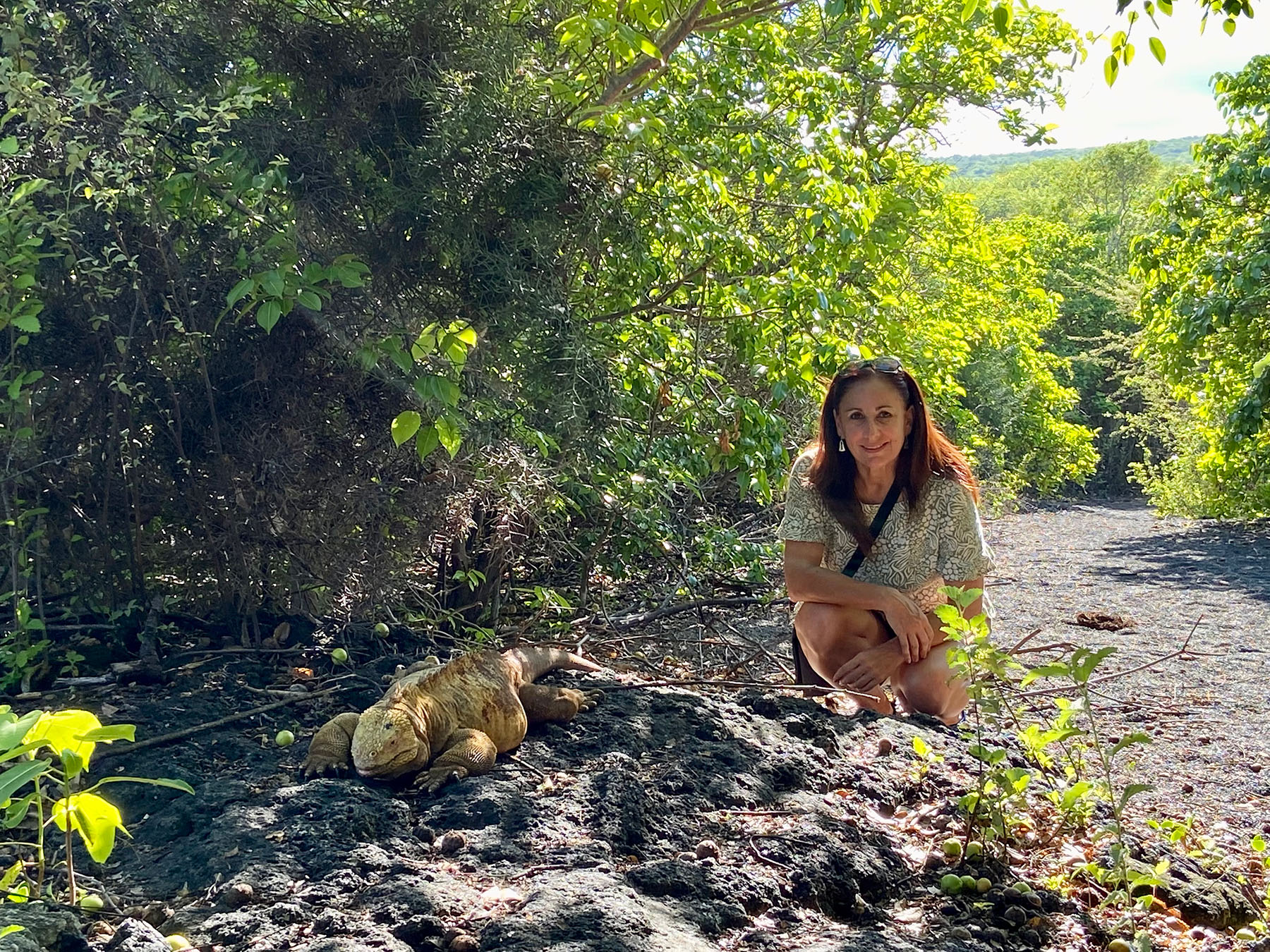 person crouching in the wilderness next to a giant lizard