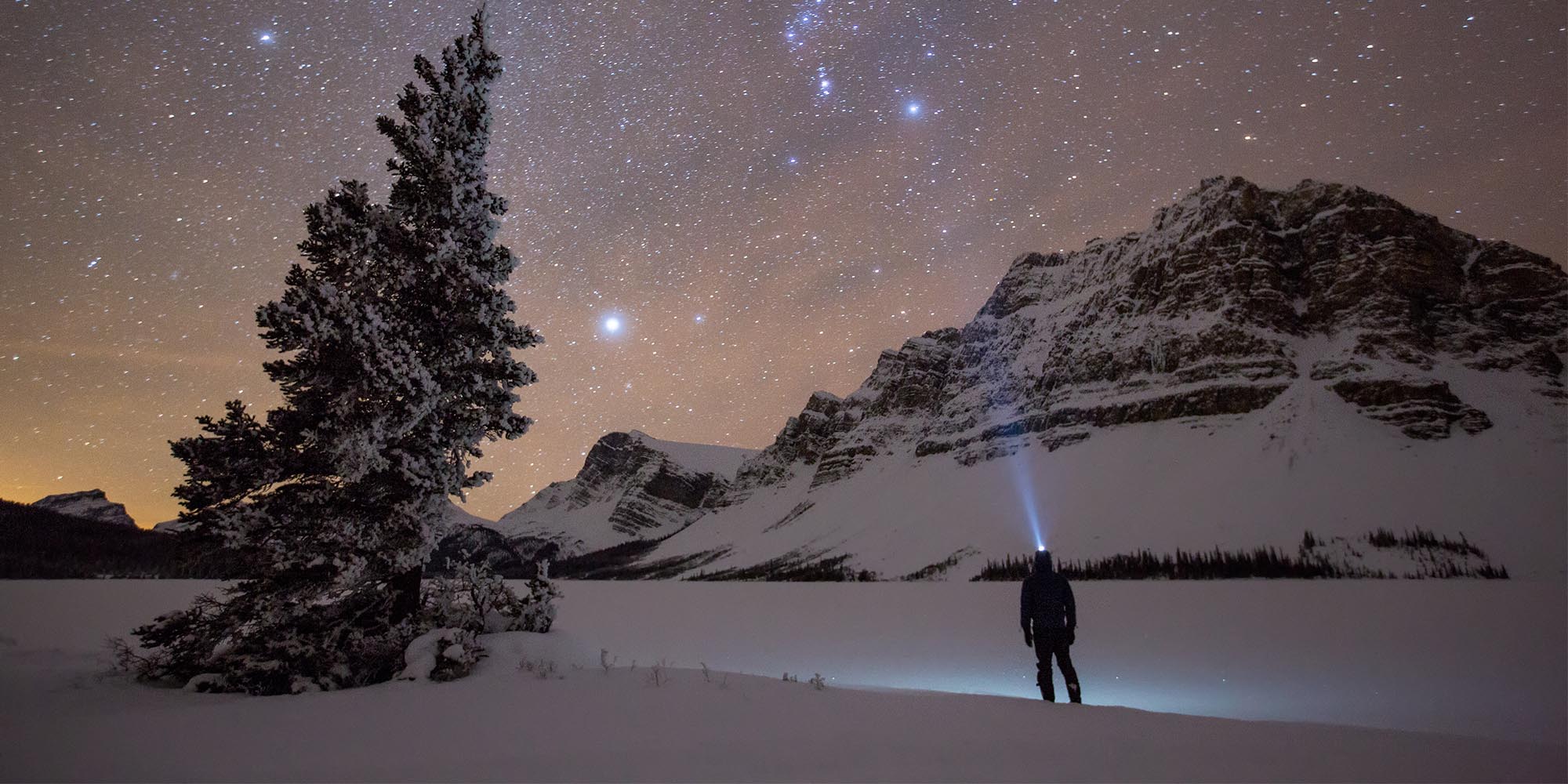 A man standing in the snow under a night sky filled with stars