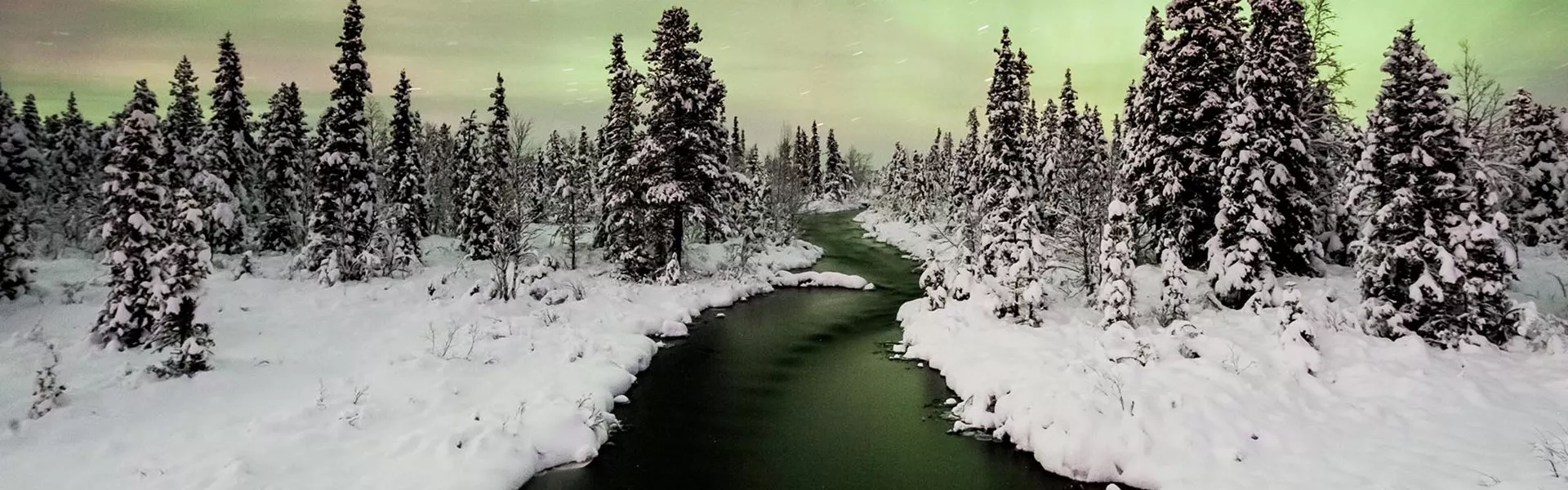 Swedish forest  and river in winter, with the Northern Lights in the skyline